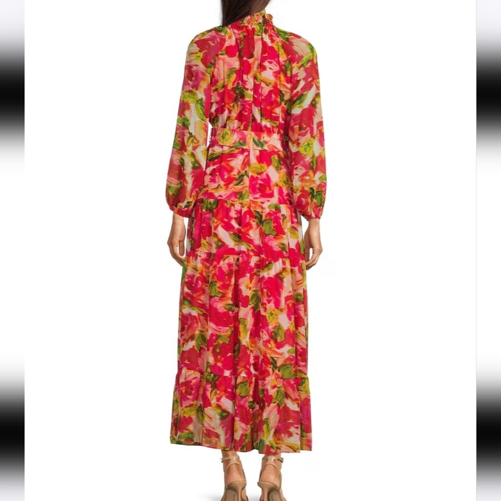 New Taylor Floral Chiffon Smocked Neck Sheer Ling Sleeve Belted Maxi Dress - Picture 2 of 15